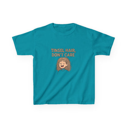 Blue t-shirt with 'Tinsel Hair, Don't Care' text and cartoon character on a white background