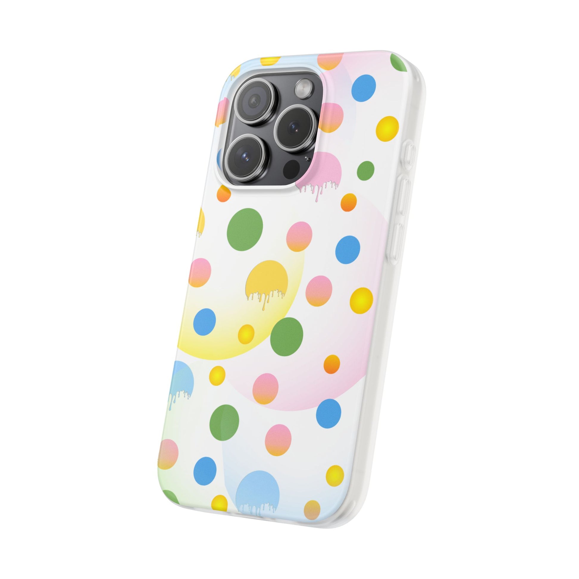 Phone case with colorful polka dot pattern on a white background