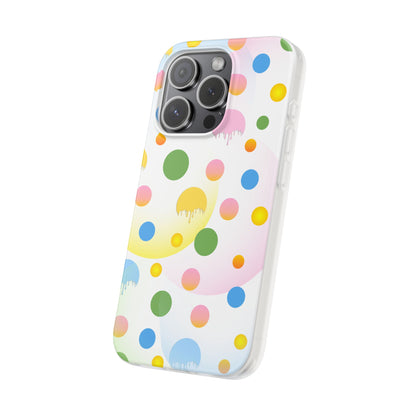 Phone case with colorful polka dot pattern on a white background