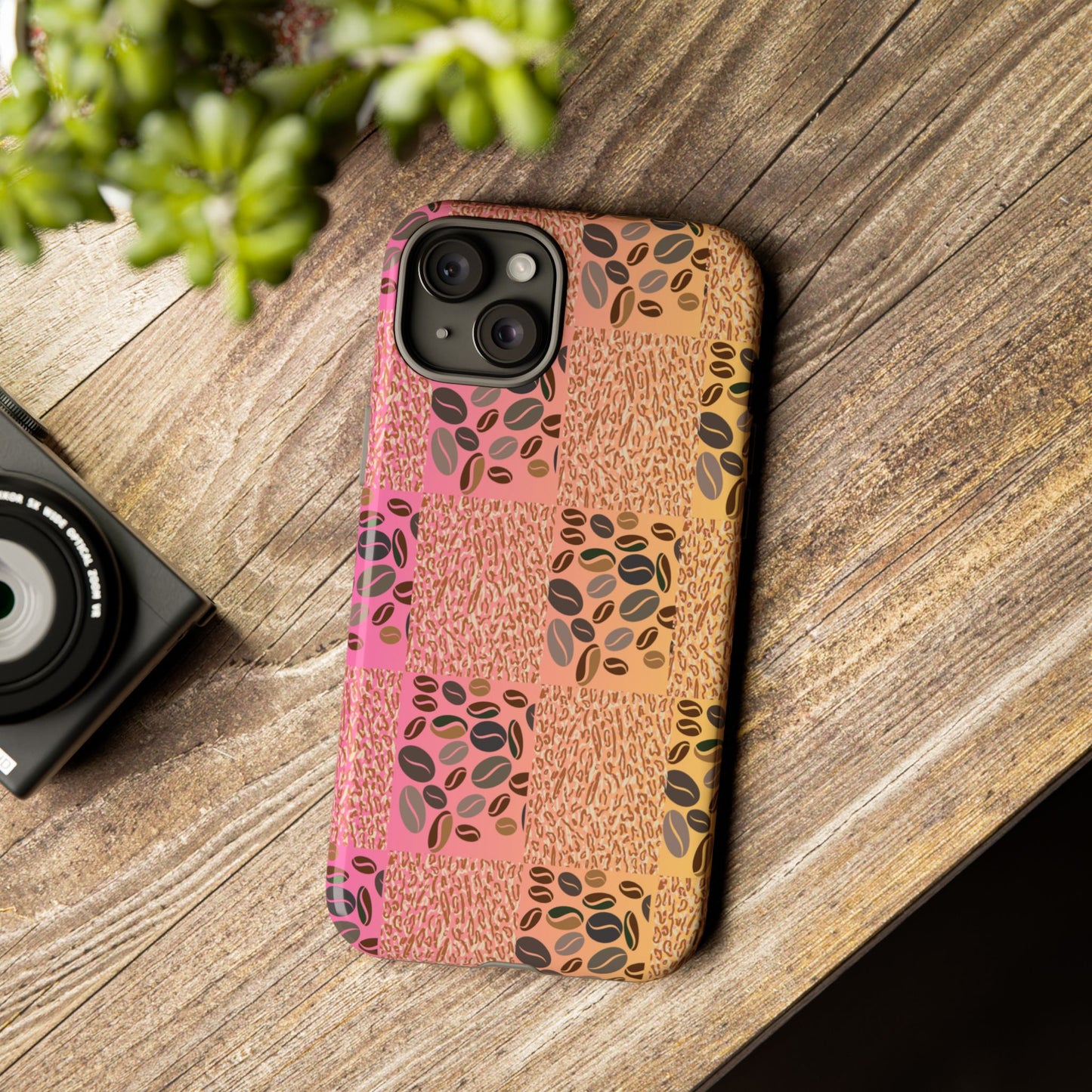 Tough Phone Case – Coffee Bean & Tiger Print with Gradient Background
