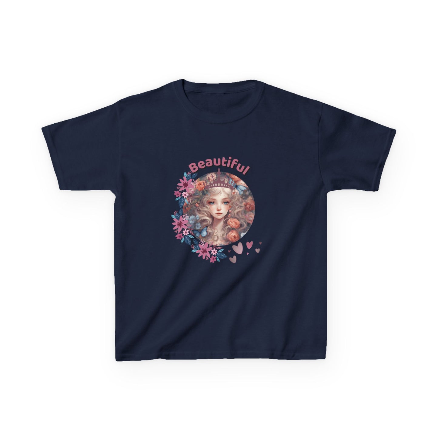 Navy blue t-shirt with a colorful graphic and 'Beautiful' text on a white background
