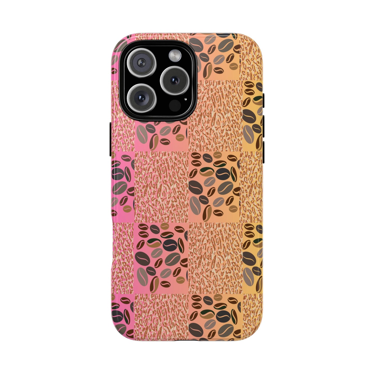 Glossy i phone15+ case with coffee beans and tiger print – bold and energizing style

