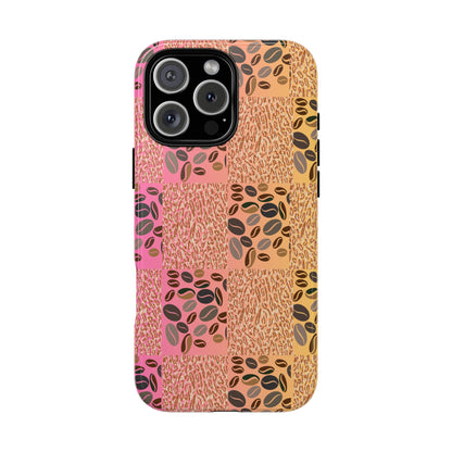 Glossy i phone15+ case with coffee beans and tiger print – bold and energizing style

