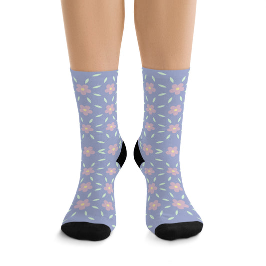 eco friendly recycled polyester socks with blue background and floral print