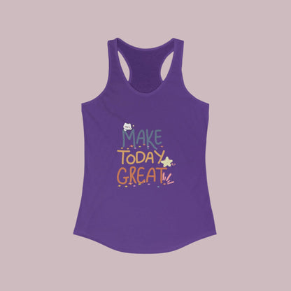 A solid purple rush women's racerback tank top with a print that reads 'MAKE TODAY GREAT' in a colorful, gradient font.