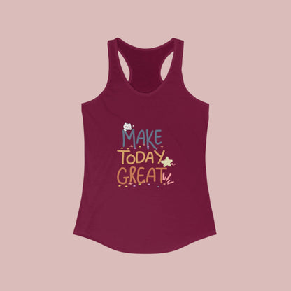 A solid cardinal red  women's racerback tank top with a print that reads 'MAKE TODAY GREAT' in a colorful, gradient font.