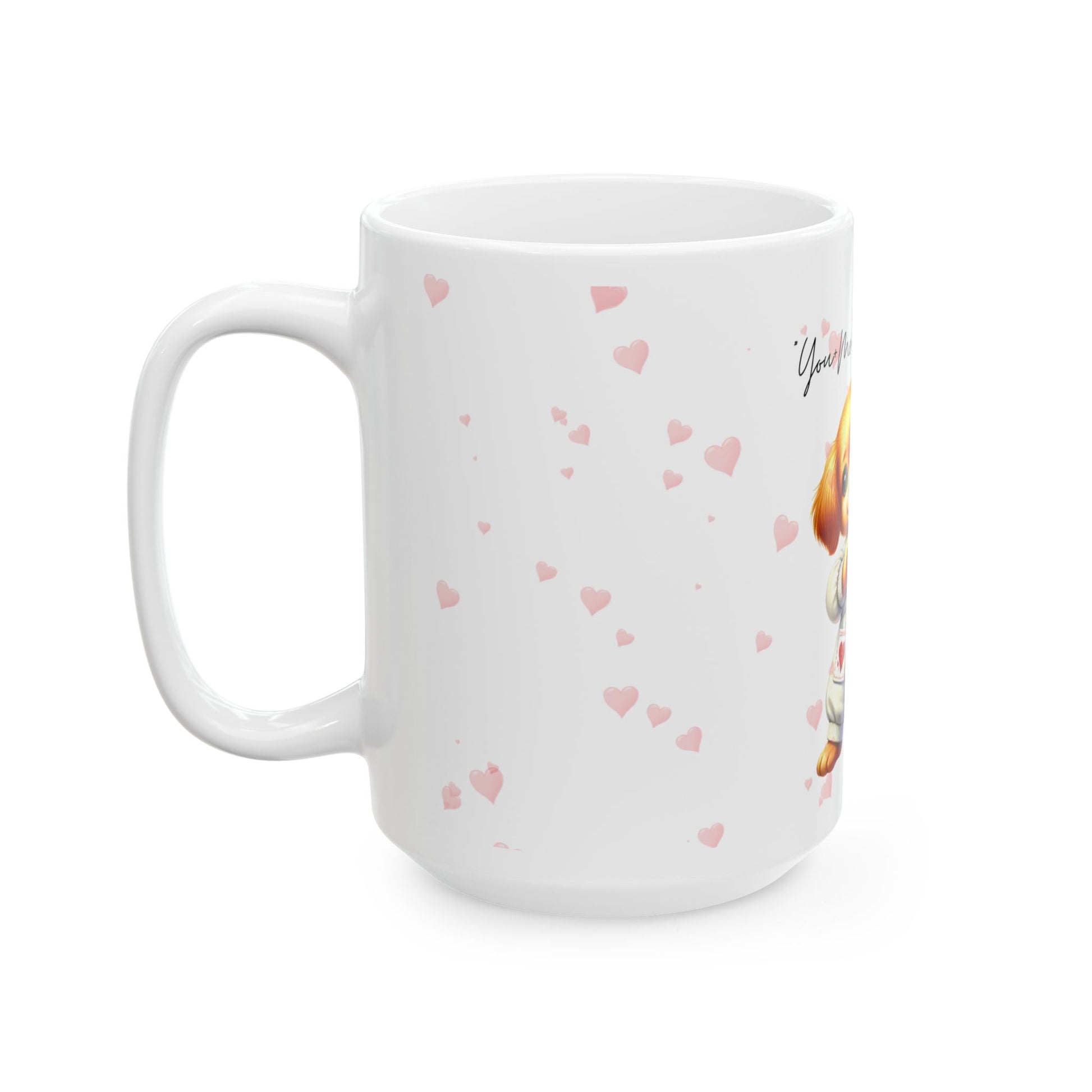 White mug with pink heart patterns on a white background