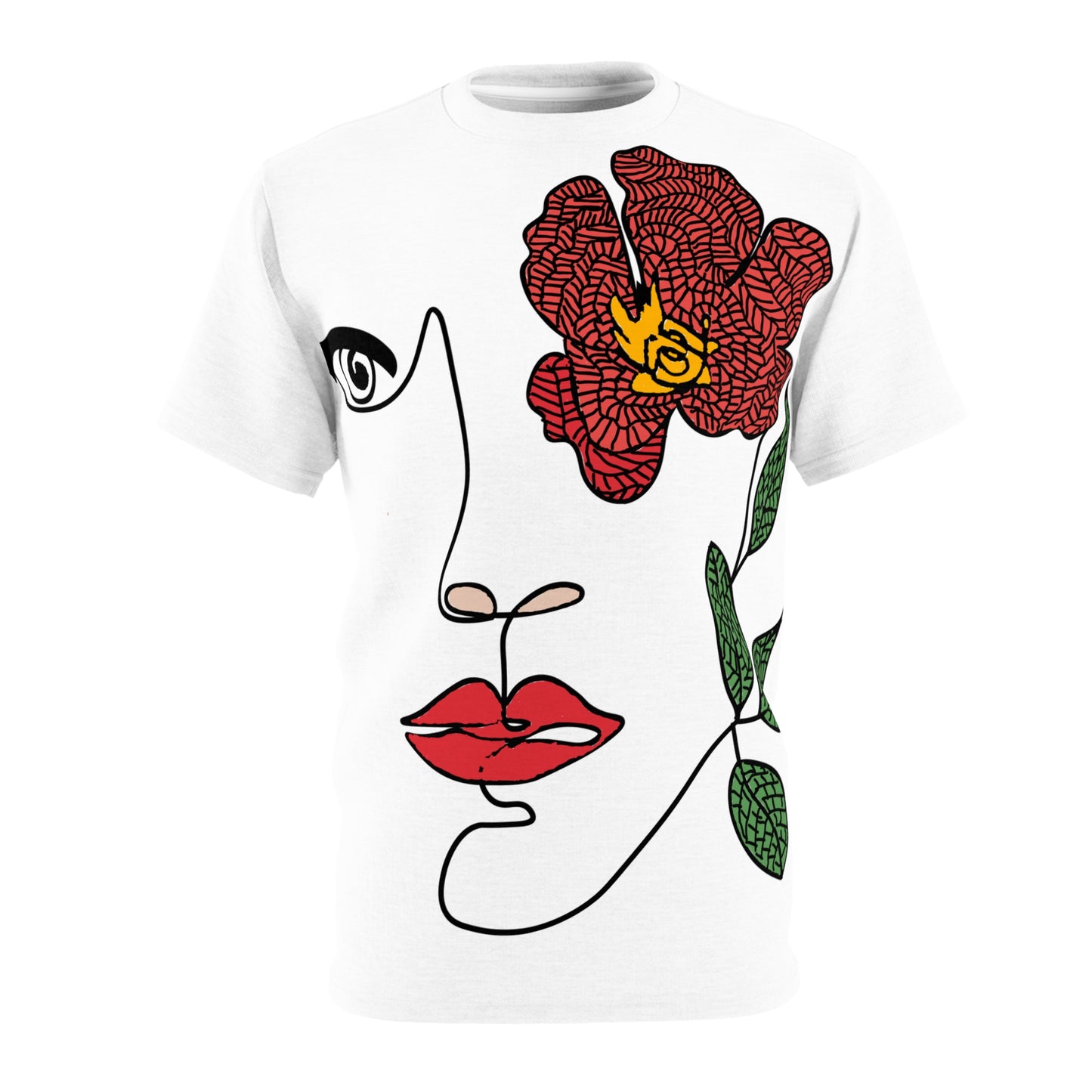 White t-shirt with a red flower, lips, and eye design on a white background