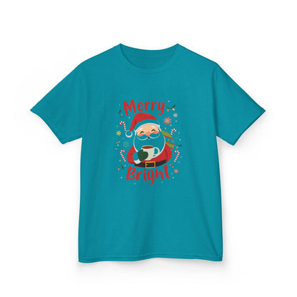 Turquoise t-shirt with Santa Claus graphic and 'Merry Bright' text on a white background