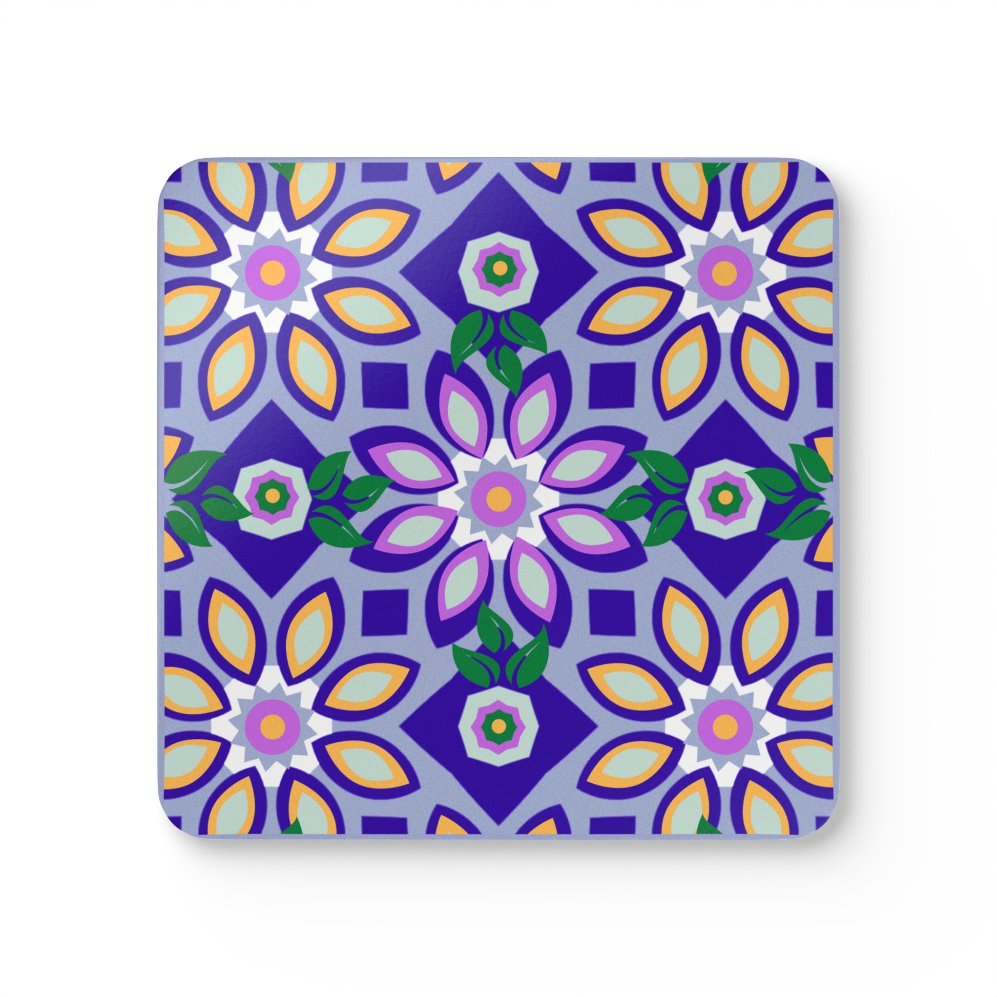 A square coaster with a geometric ad floral pattern in vibrant colors, predominantly purple, with a high-gloss finish.