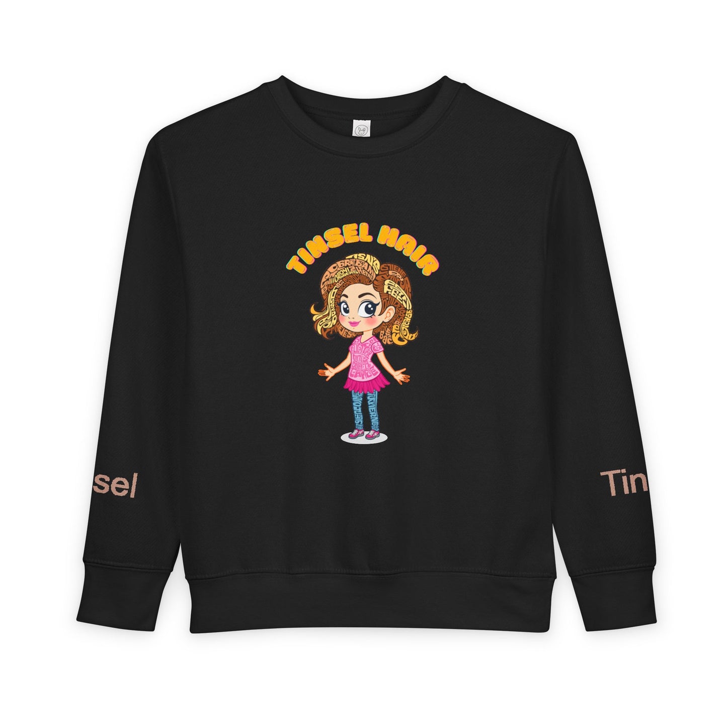 Black sweatshirt with cartoon character and 'Tinsel' text on a white background