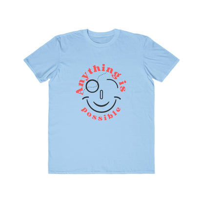 Light blue t-shirt with a smiley face and 'Anything is possible' text on a white background