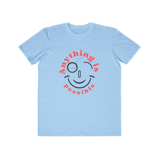 Light blue t-shirt with a smiley face and 'Anything is possible' text on a white background