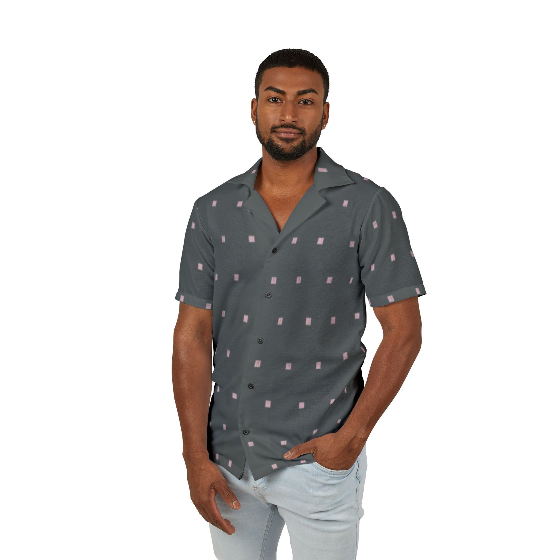 Men’s grey Hawaiian shirt with tiny pink square pattern

