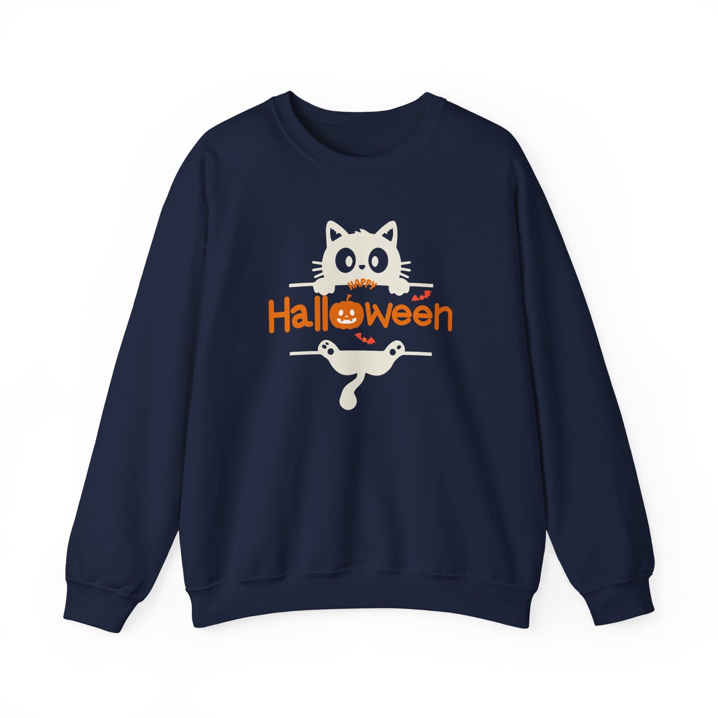 A navy blue crewneck sweatshirt featuring a cute Halloween graphic of a white cat on a string line with the word 'Halloween' written in orange text below it.