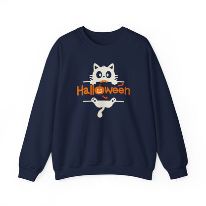 A navy blue crewneck sweatshirt featuring a cute Halloween graphic of a white cat on a string line with the word 'Halloween' written in orange text below it.