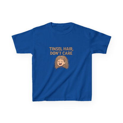 Blue t-shirt with 'Tinsel Hair, Don't Care' text and cartoon character on a white background