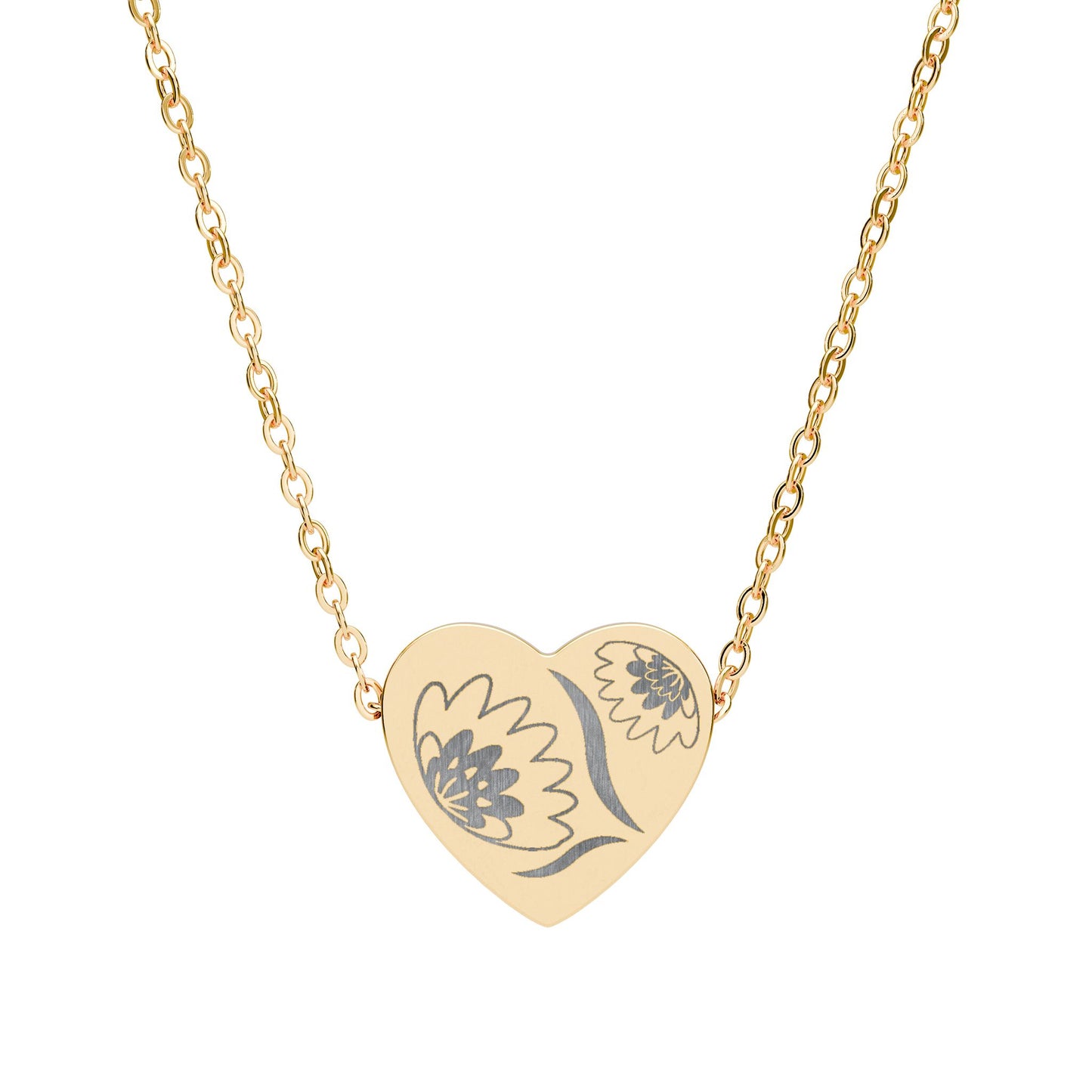 Gold heart-shaped necklace with floral design on a white background