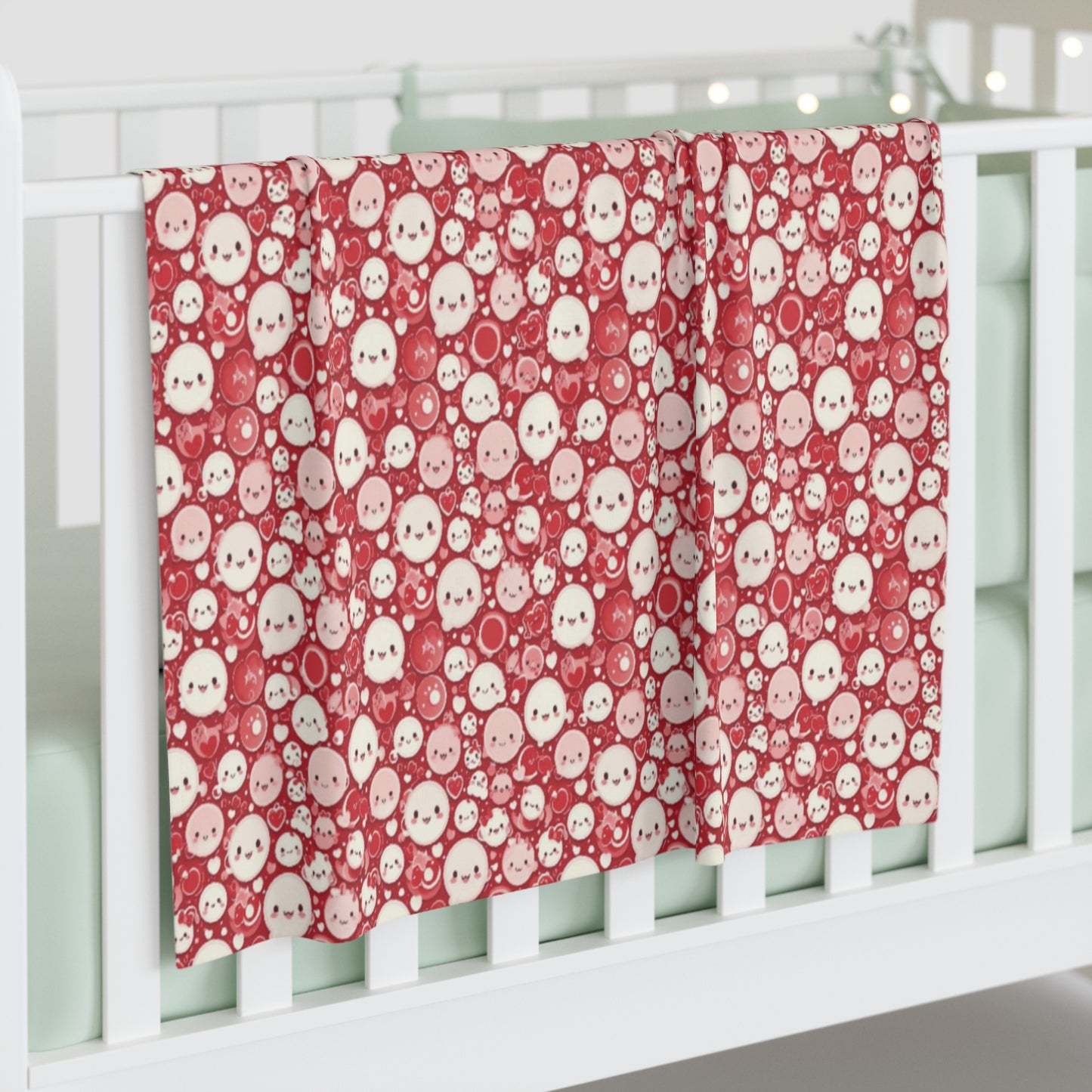 Baby crib with red and white patterned blanket
