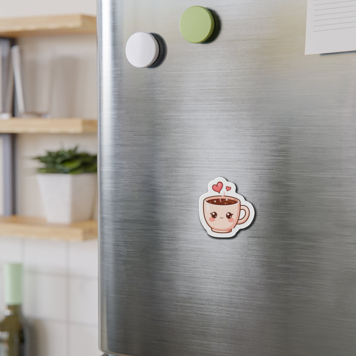 Fridge with a cute cartoon coffee cup magnet on a kitchen background