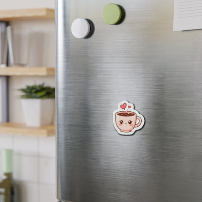 Fridge with a cute cartoon coffee cup magnet on a kitchen background