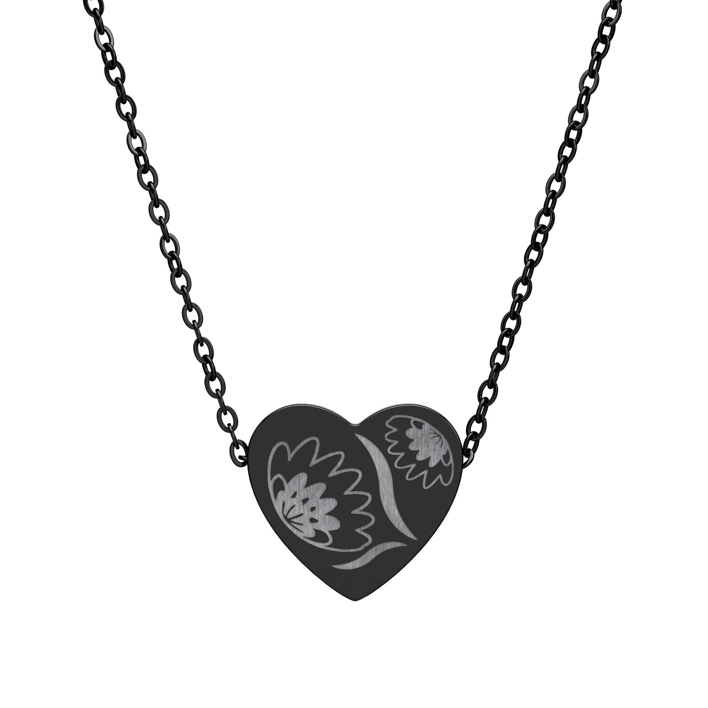 Heart-shaped pendant with floral design on a black chain against a white background