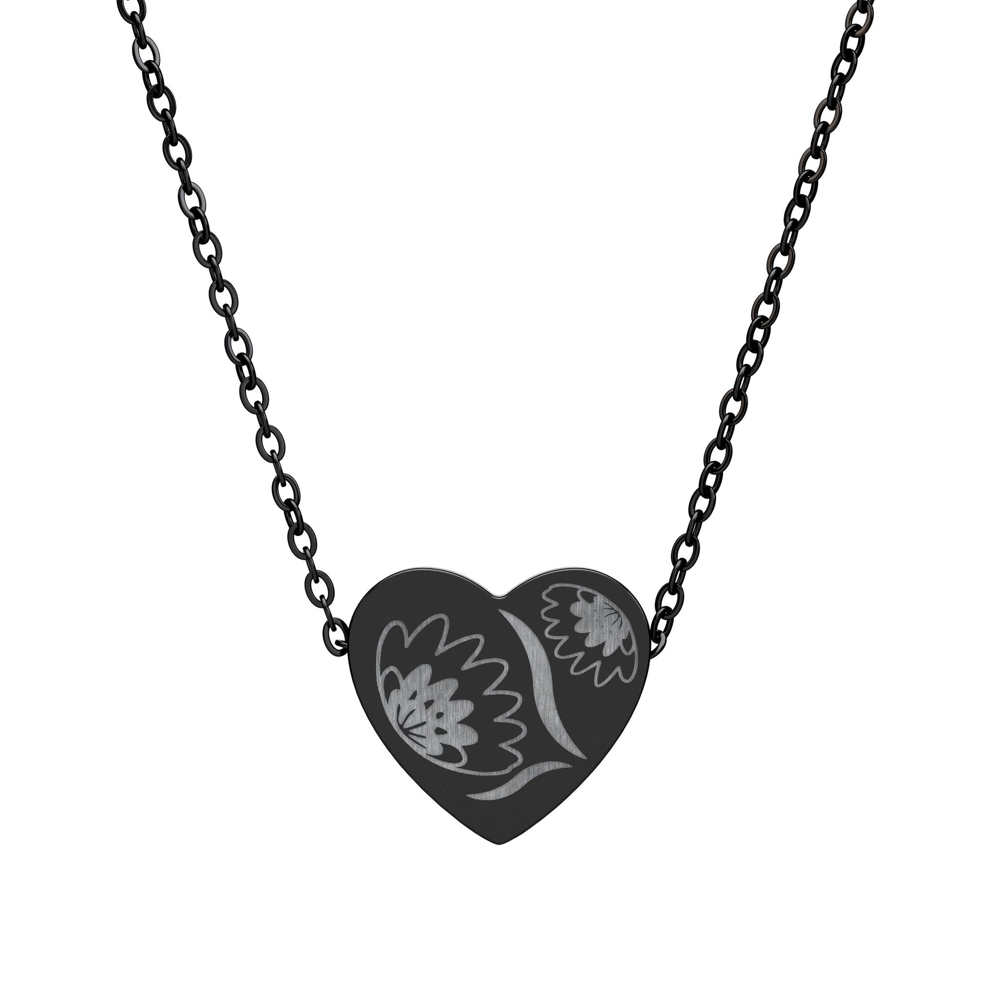 Heart-shaped pendant with floral design on a black chain against a white background