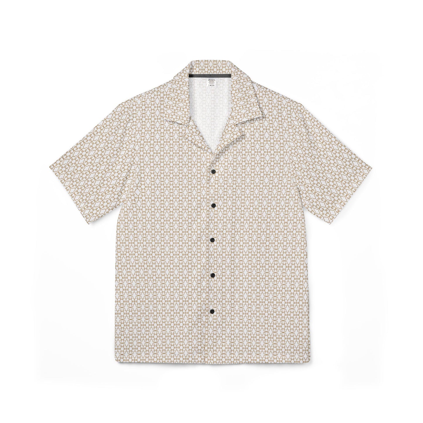 cream hawaiian camp shirt with brown geometric pattern