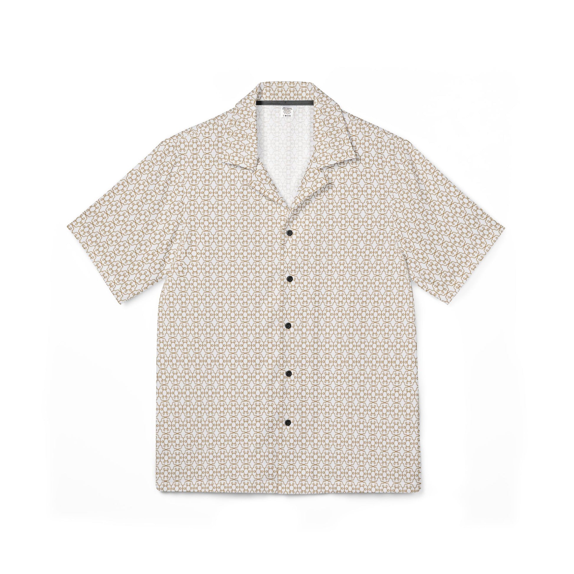 cream hawaiian camp shirt with brown geometric pattern