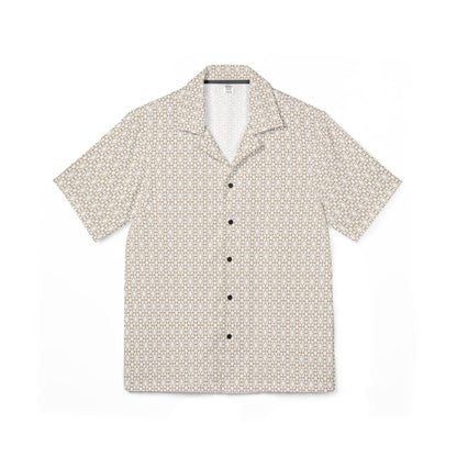 cream hawaiian camp shirt with brown geometric pattern