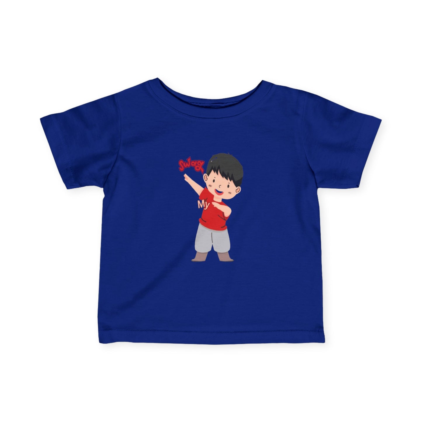 Baby wearing royal blue fine jersey tee with soft cotton fabric

