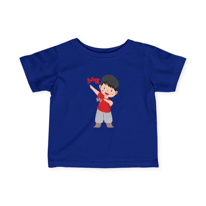 Baby wearing royal blue fine jersey tee with soft cotton fabric

