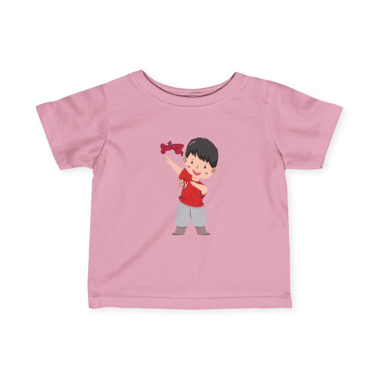 Baby wearing pink fine jersey tee with soft cotton fabric

