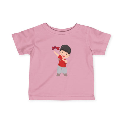 Baby wearing pink fine jersey tee with soft cotton fabric

