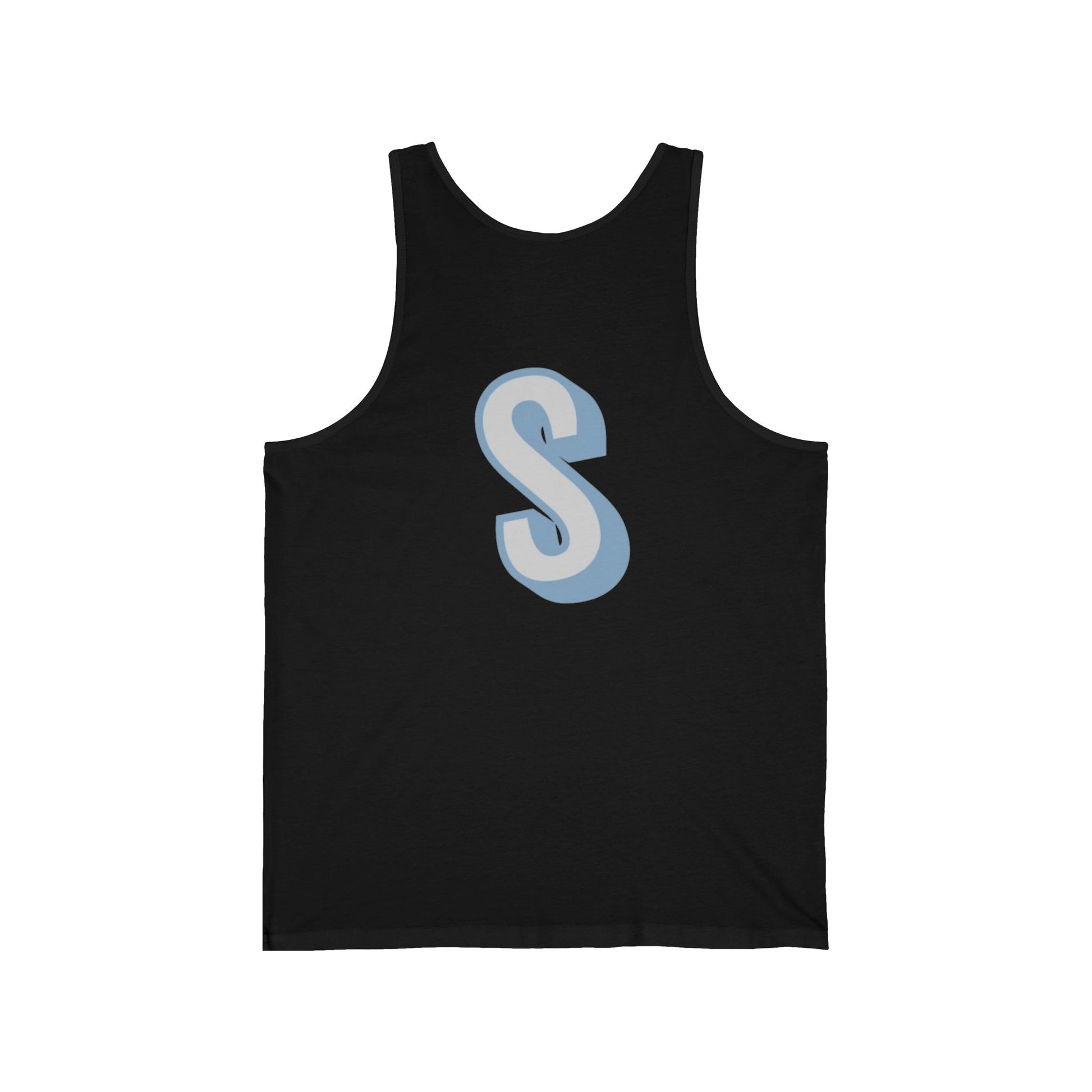 unisex tank top with a blue 'S' on a white background