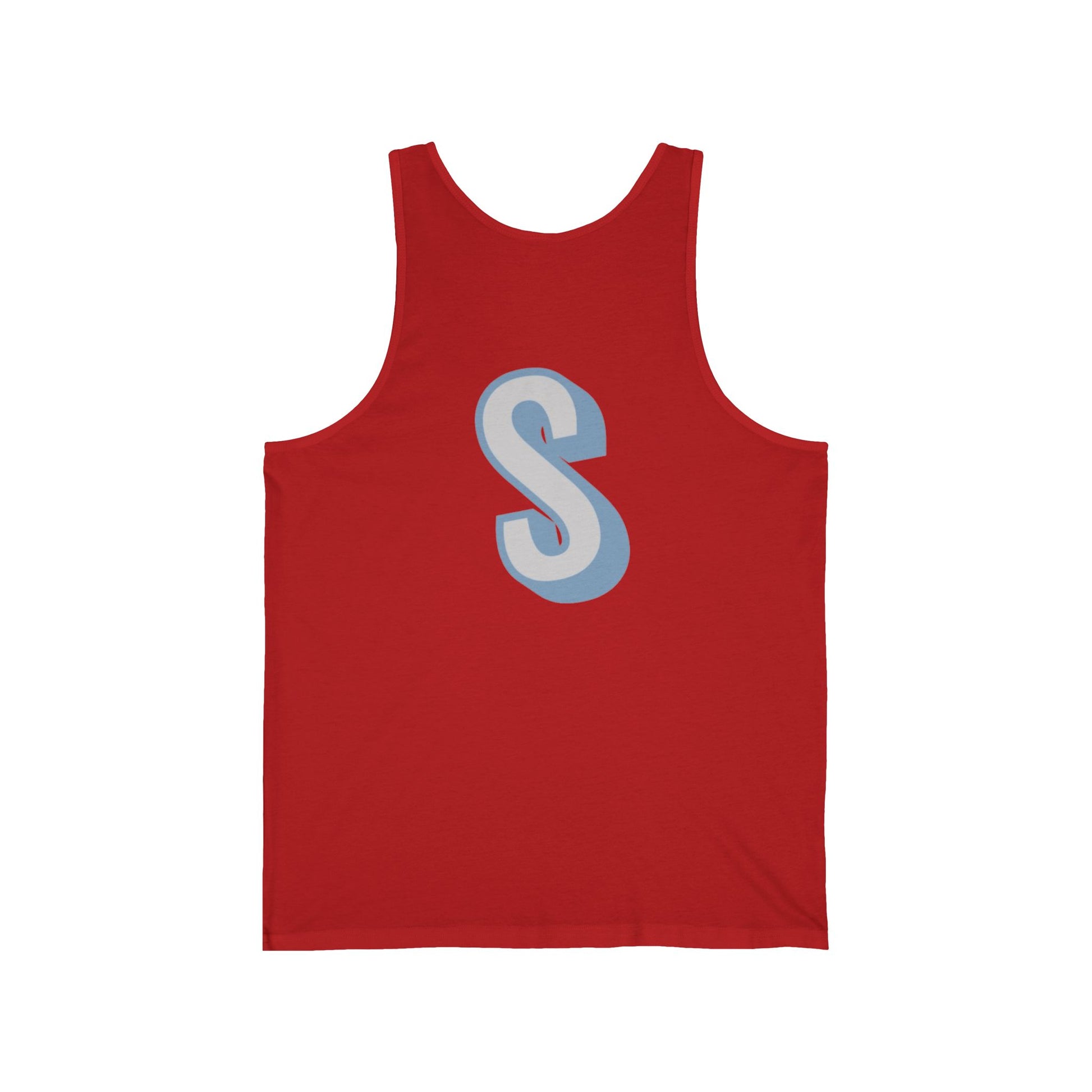 Red tank top with a blue 'S' on a white background