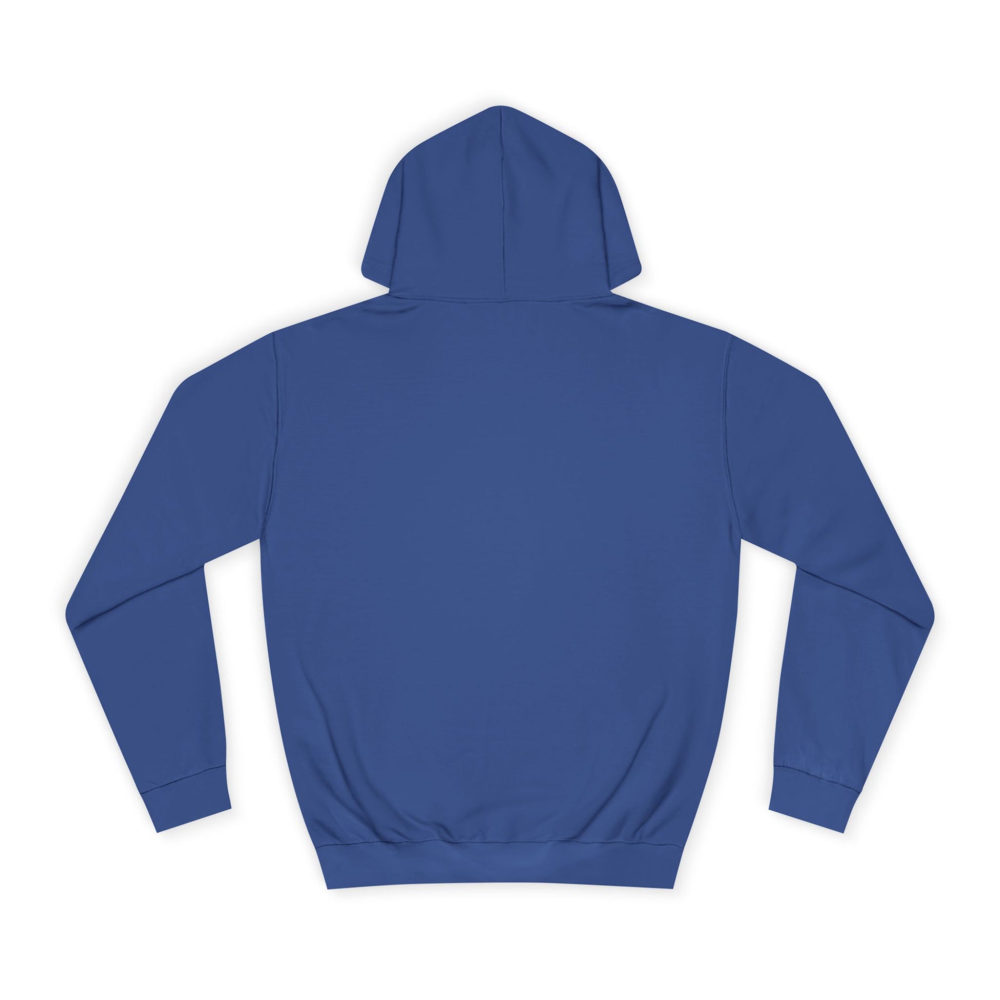 Blue hoodie shown from the back on a white background.