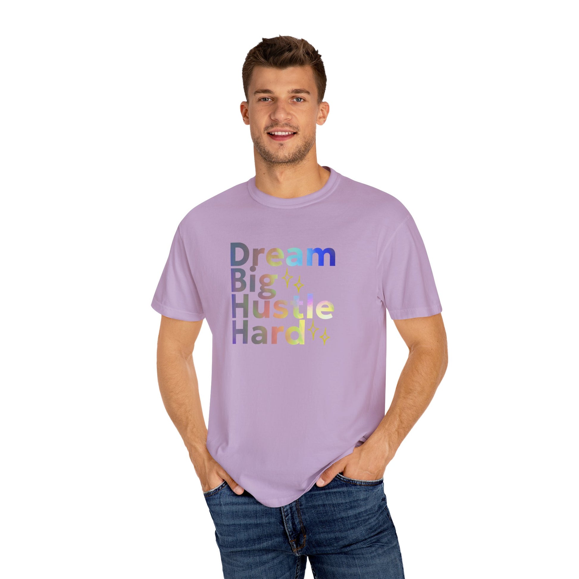 Man wearing a purple t-shirt with motivational text on a white background