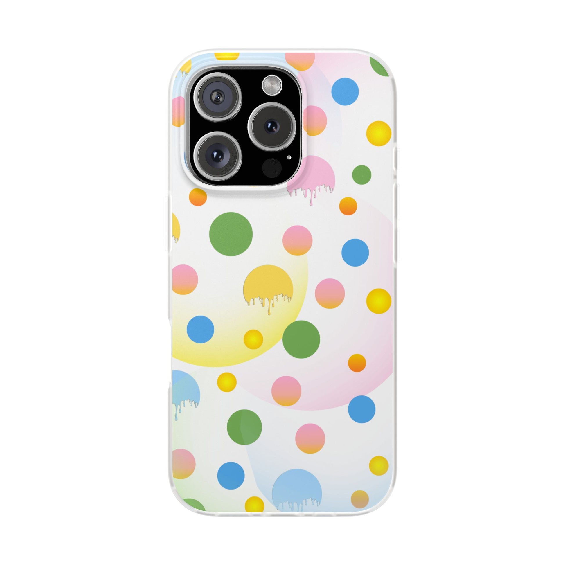 A semi-transparent matte finish mobile phone case with a multicolored dot pattern.