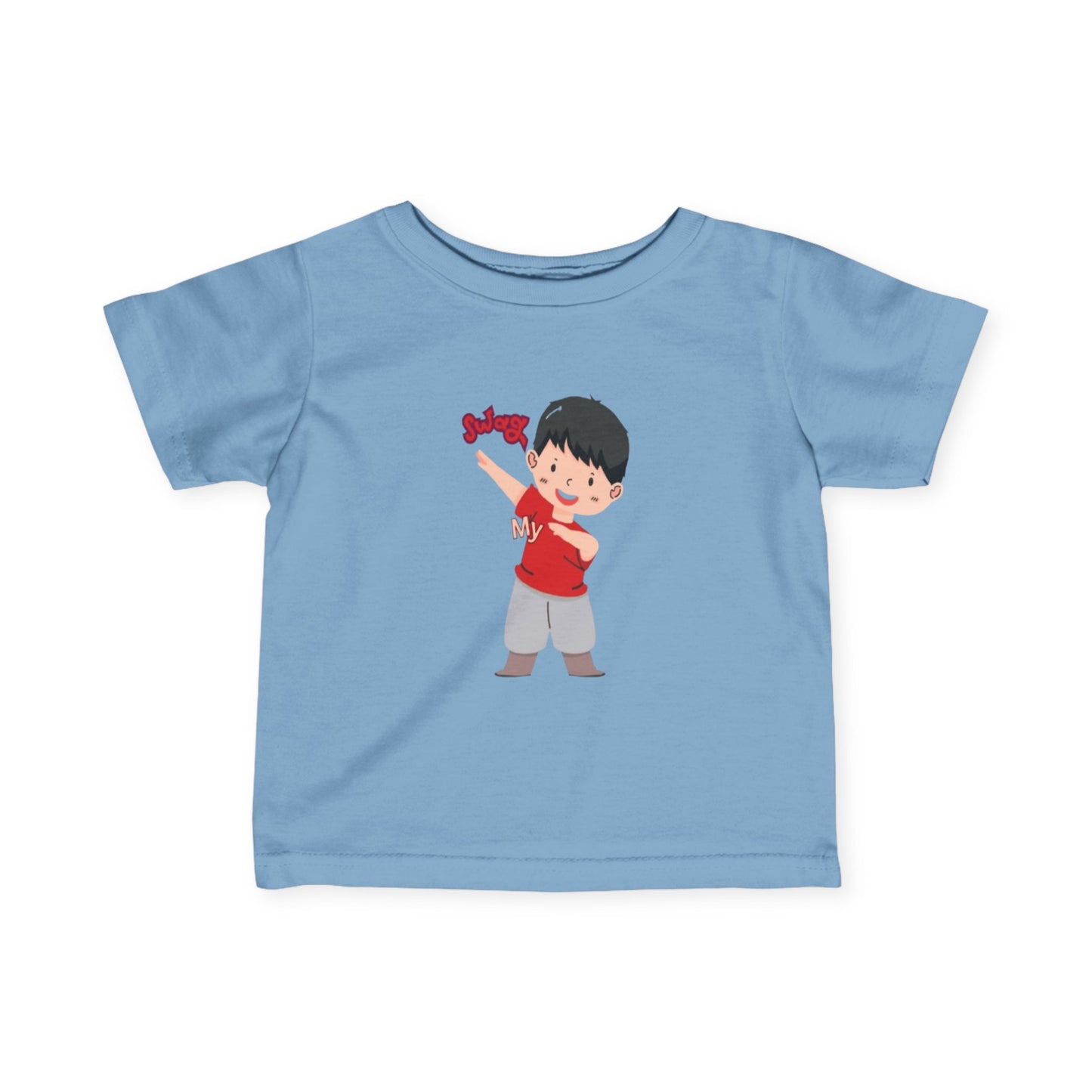 Baby wearing light blue fine jersey tee with soft cotton fabric

