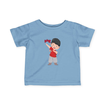 Baby wearing light blue fine jersey tee with soft cotton fabric

