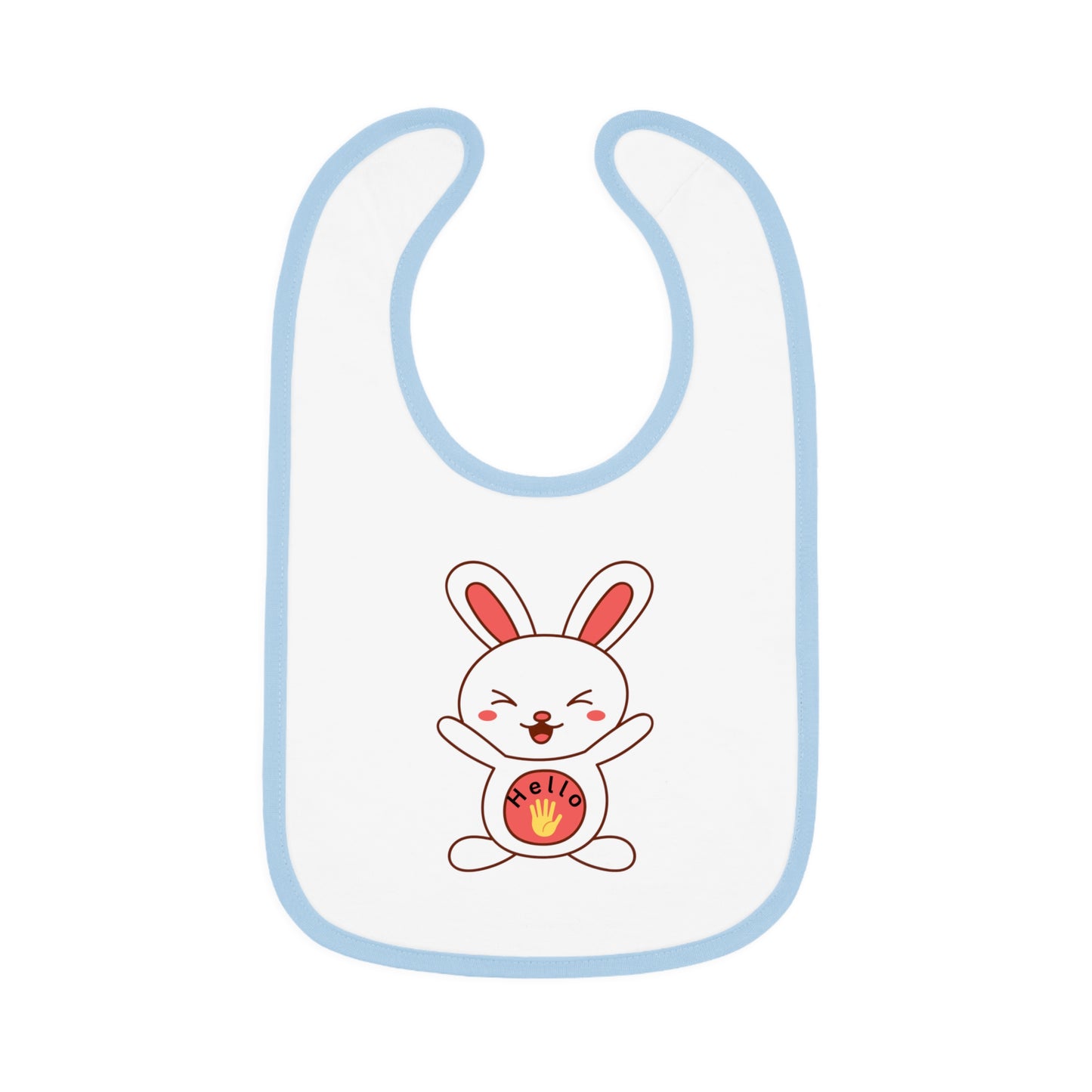 A white baby bib with  blue contrast trim and a centered graphic of a smiling cartoon rabbit holding a round object.