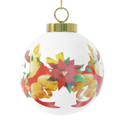 Decorative Christmas ball ornament with poinsettia design on a white background