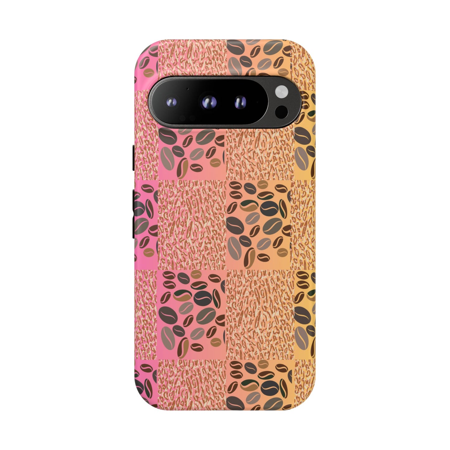 Matte google pixel 9 pro phone case featuring tiger pattern and scattered coffee beans – sleek and wild look