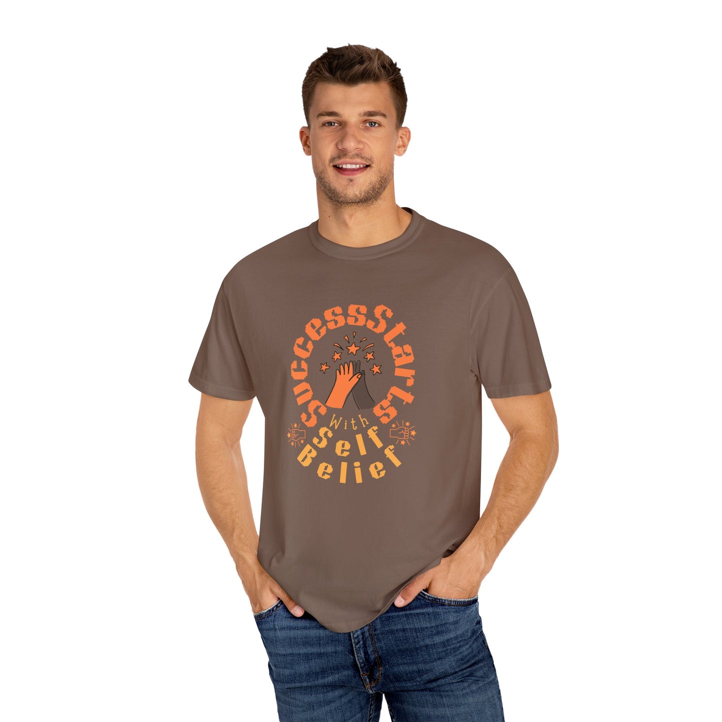Man wearing a brown t-shirt with a motivational design on a white background
