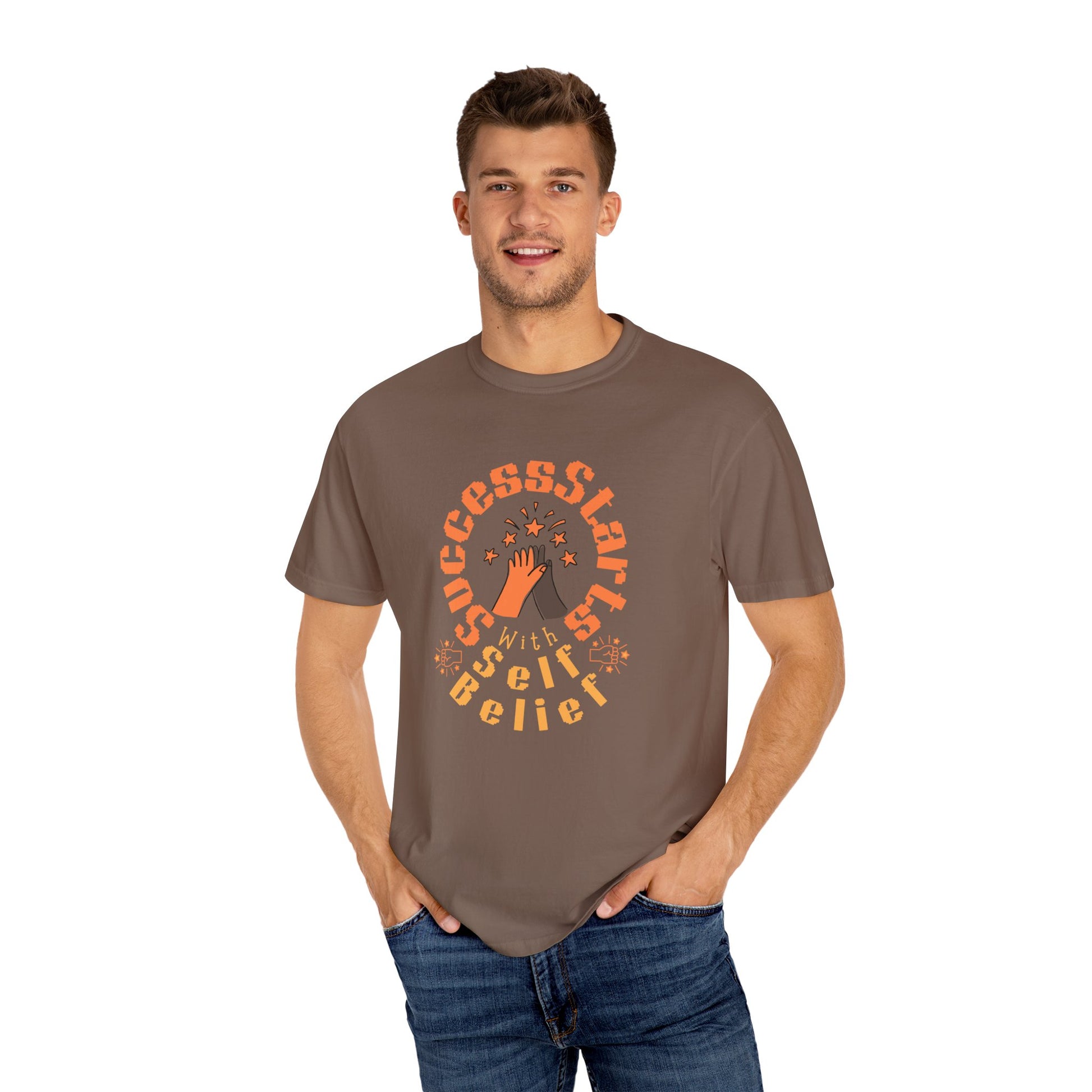 Man wearing a brown t-shirt with a motivational design on a white background