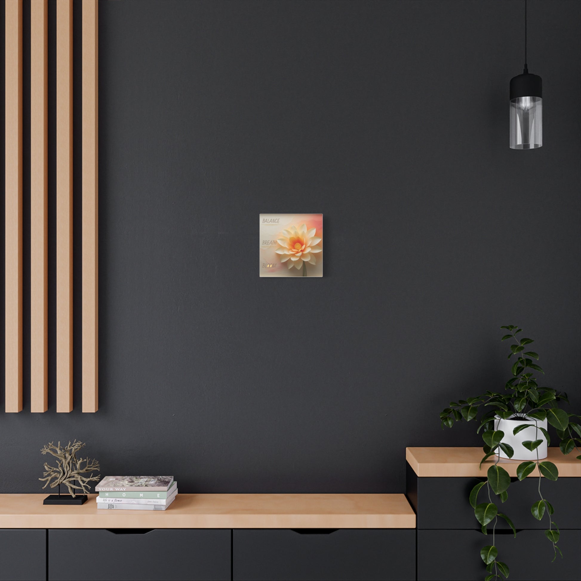 Modern interior with dark walls and wooden accents