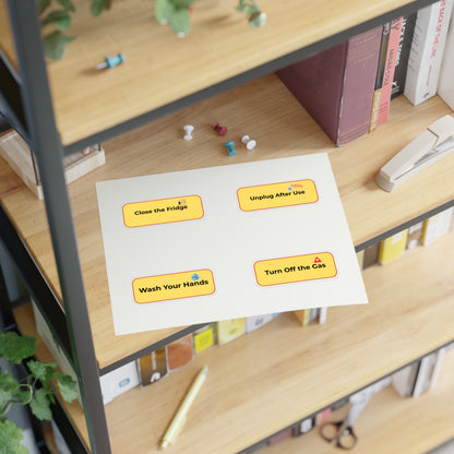 Sheet of safety reminders on a desk with office supplies
