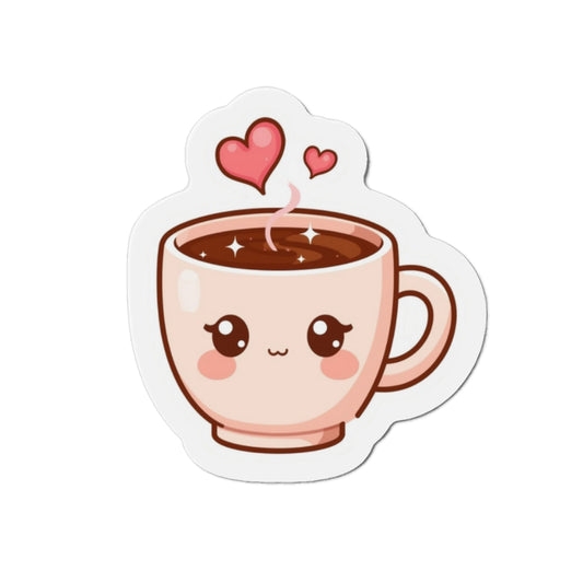 Cute cartoon coffee cup with heart shapes on a white background