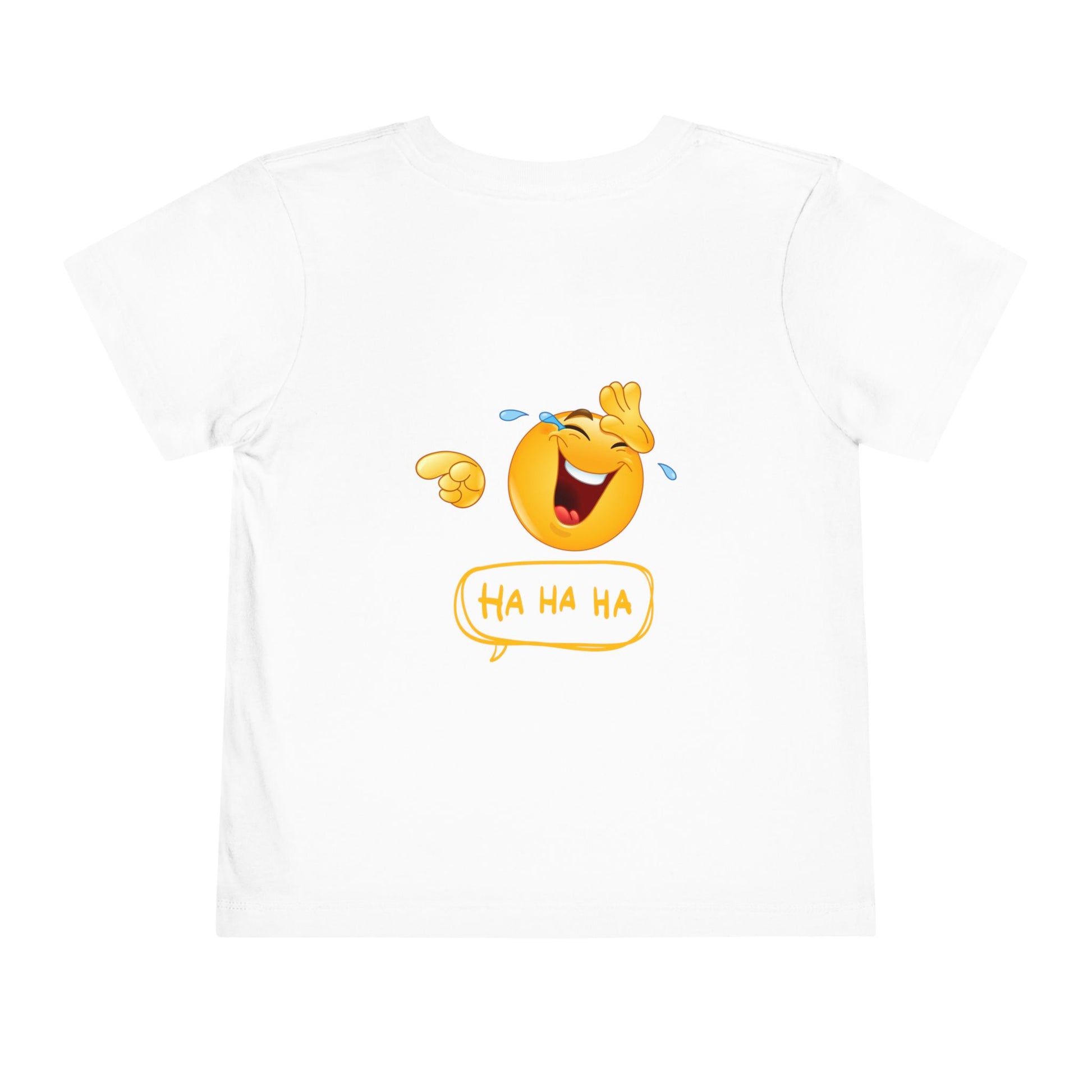 White t-shirt with a laughing emoji and 'HA HA HA' text on a white background